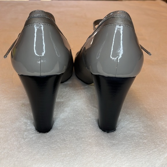 Nine West High Heel Shoes Slate Gray Size 7.5 Patent Toe/Heel Ankle Strap GREAT - Picture 7 of 14